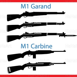 May include: Silhouette images of the M1 Garand and M1 Carbine rifles. The M1 Garand is a semi-automatic rifle that was used by the United States military during World War II and the Korean War. The M1 Carbine is a shorter, lighter version of the M1 Garand that was used as a personal defense weapon by soldiers.