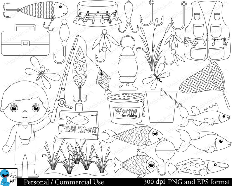 Outline Fishing Clipart Digital Clip Art Graphics Etsy