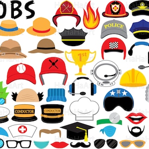 May include: A set of colorful and fun photo booth props with various job themes. The props include hats, glasses, mustaches, and other accessories. The word "JOBS" is written in large black letters at the top of the image.