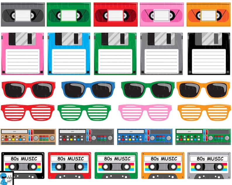 Może przedstawiać: Zestaw cyfrowych grafik w stylu lat 80. z kaset, dyskietek, okular&oacute;w przeciwsłonecznych i boombox&oacute;w w r&oacute;żnych kolorach. Na kasetach widnieje napis "80s Music".