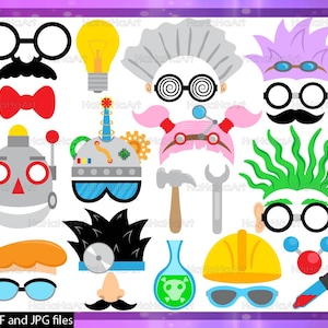 May include: A collection of cartoon-style props and accessories, including glasses, mustaches, bow ties, a robot head, a lightbulb, and a hard hat. The image also includes a flask, a hammer, and a wrench. The text "PDF and JPG files" is visible.