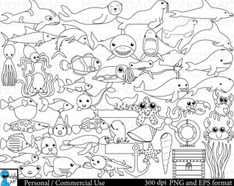 Outline under the sea - Clipart Set - Digital Clip Art Graphics, Personal, Commercial Use - 47 PNG images (00164)