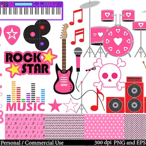 Meisje rockster set clipart-digitale clip art graphics persoonlijk commercieel gebruik-verjaardag retro muziek concert feest (76)