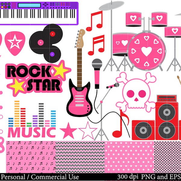 Girl Rock Star Set Clipart - Digital Clip Art Graphics Personal Commercial Use - Birthday retro music concert party (76)