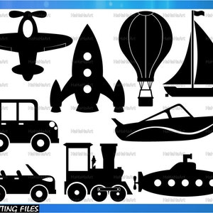 May include: A set of ten black silhouette vector images of various vehicles and objects, including a plane, rocket, hot air balloon, sailboat, speedboat, car, convertible, train, and submarine.