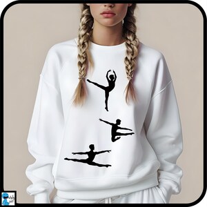 May include: White sweatshirt with three black silhouettes of dancers in various poses.