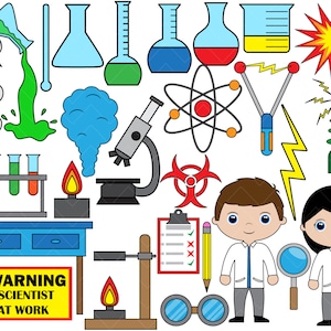 May include: A collection of cartoon science-themed illustrations. Includes beakers, test tubes, a microscope, atom model, scientists, and a sign that reads "WARNING SCIENTIST AT WORK". The color palette is bright and playful.