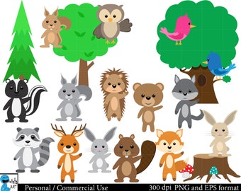 May include: A set of 12 cartoon woodland animal illustrations in various poses. The animals include a squirrel, owl, bird, wolf, bear, hedgehog, deer, rabbit, beaver, fox, and skunk. The illustrations are in a whimsical style and are perfect for use in children's books, crafts, or other creative projects.