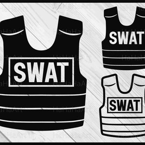 May include: Three black and white SWAT vest cutouts. The vests have a black background with white stripes and the word "SWAT" in white letters.