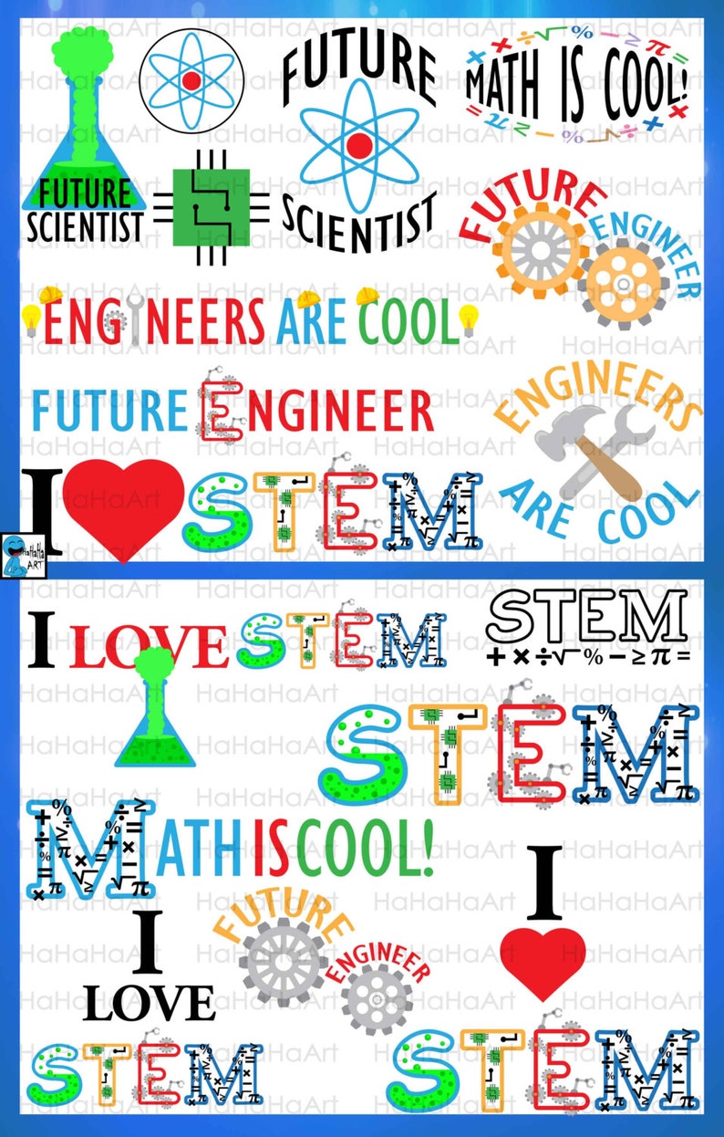 May include: A colorful poster with the text "I Love STEM" repeated multiple times. The letters are decorated with images related to science, technology, engineering, and math. The poster also includes phrases like "Future Engineer", "Engineers are Cool", and "Math is Cool!"