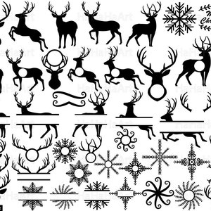 Op de afbeelding: Een verzameling zwarte silhouetafbeeldingen met herten, sneeuwvlokken, kerstbomen en decoratieve elementen. Bevat verschillende hertenposities, geweien en de tekst "Merry Christmas".