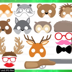 May include: A set of printable animal masks for a party or photo booth. The masks include a fox, raccoon, bear, hedgehog, squirrel, wolf, owl, deer, and a set of glasses, mustache, and bowtie.