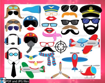 Plane And Pilot Props - ClipArt PDF JPG Digital Graphic Design Commercial Use Prop Photo Booth Instant Download Clip art Hat Glasses (00179)