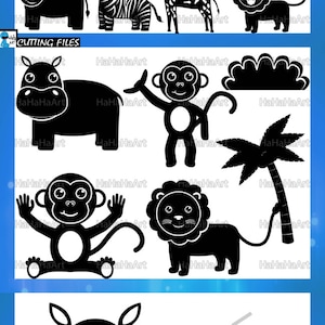 Könnte beinhalten: Schwarz-weiße Silhouette-Schnittdateien verschiedener Dschungeltiere, darunter ein Affe, ein Löwe, ein Flusspferd, ein Zebra, eine Giraffe, ein Nashorn, ein Elefant, ein Krokodil, eine Schlange und ein Vogel. Die Dateien sind für Schneidemaschinen.