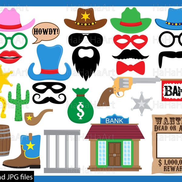 Cowboys Cool Props  - Cutting files SVG JPG digital graphic design prop photo booth instant download A4 letter cow boy pistol wanted 00447c