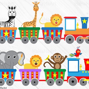 May include: A colorful cartoon train with animal passengers. The train cars are decorated with stars and stripes, carrying a zebra, giraffe, lion, elephant, monkey, and parrot. The train is red, orange, and blue.