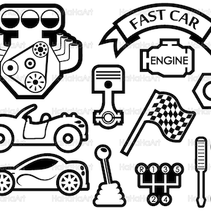 May include: Black and white line art illustrations of car-related elements. Includes a race car, engine parts, a checkered flag, and the text "FAST CAR" on a banner. Also features a gear shift and tools.