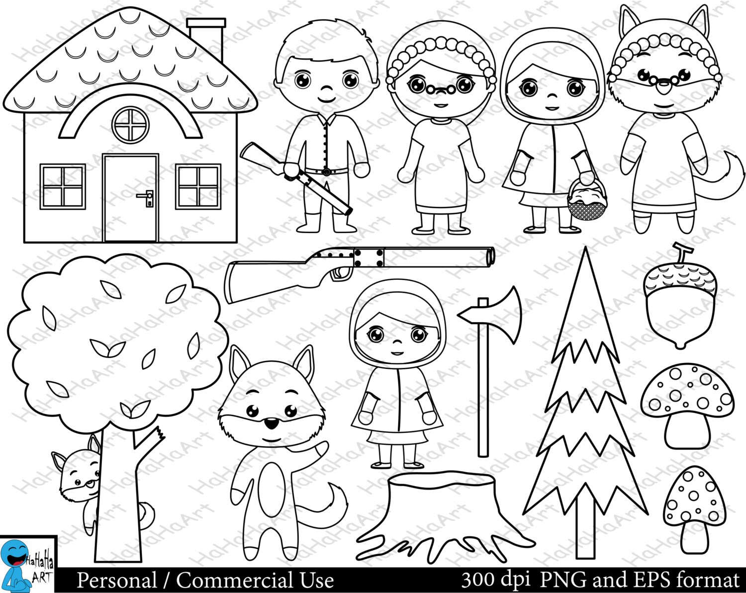 Outline Little Red Riding Hood Set Clipart Digital Clip Art Etsy
