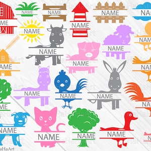 Puede incluir: Un conjunto de 16 archivos SVG de monograma dividido que presentan animales de granja, un molino de viento, un granero, una cerca, un árbol, una nube, un sol, un gallo, un pollito, un cerdo, un burro, un caballo, un gato, un perro, un pato y un pollito. Cada archivo SVG tiene un espacio para agregar un nombre.