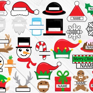 May include: A set of 18 Christmas-themed digital clipart images, including a snowman, Santa hat, reindeer antlers, candy cane, elf hat, gingerbread man, and a Christmas present. The images are in various colours, including red, green, white, and brown. The images are perfect for creating personalised Christmas cards, invitations, and other festive crafts.
