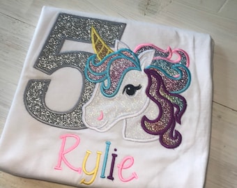 Unicorn glitter birthday shirt, Rainbow unicorn shirt, unicorn number shirt, unicorn embroidered shirt, unicorn birthday
