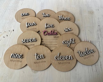 May include: Twelve wooden circles with numbers one through twelve, the word "Months" and the name "Oaklie Mae" written on them. The circles are arranged in a semi-circle.
