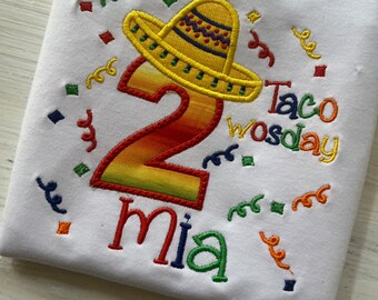 Taco Twosday birthday shirt, fiesta party, party time, Taco party, second birthday, embroidered taco twosday birthday