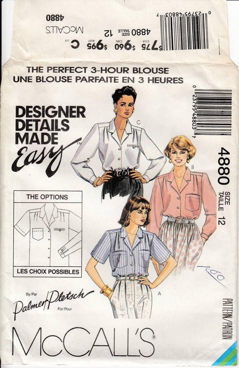 M4880 McCalls misses 3 hour blouse Palmer Pletcher 1990s vintage sewing pattern image 1