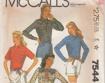 McCalls 7544 M7544 Misses western shirt sewing pattern size 10, bust 32.5, 1980s vintage