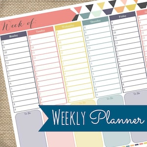 May include: A weekly planner with a colorful geometric design. The planner has sections for each day of the week, Monday through Sunday, with numbered hourly slots from 8 am to 9 pm. Each day has a "To Do" section at the bottom. The planner has a blue banner at the bottom with the text "WEEKLY Planner".