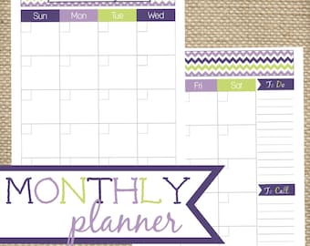 Monthly Planner. Monthly Calendar. PDF Printable. 13 pages. Sunday to Saturday. To do list. Organized Planner. Organizer. Family calendar