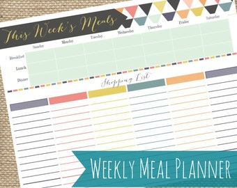 Printable Meal Planner and Shopping List PDF, Instant Download, Meal Organizer, Bright Triangles, Geometric Design