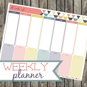 May include: A printable weekly planner with a colorful geometric design at the top. The planner has seven columns for each day of the week, with a "To Do" section at the bottom of each column. The text "WEEKLY planner" is at the bottom of the page.