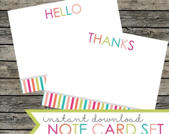 INSTANT DOWNLOAD Hello and Thanks note card set. Printable pdf and jpeg files included. Size A2: 4.25 x 5.5 inches. Colorful rainbow stripes