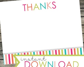 INSTANT DOWNLOAD Printable Thank you card. A2 size. 4.25 x 5.5 inches. Party Printables. jpeg. pdf. Rainbow stripes. Multicolored pattern
