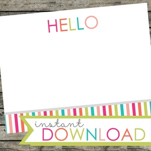 INSTANT DOWNLOAD Afdrukbare Hallo notitiekaart. Afdrukbare pdf en jpeg in helder regenboogpatroon. Formaat A2: 4,25 x 5,5 inch. Persoonlijk briefpapier