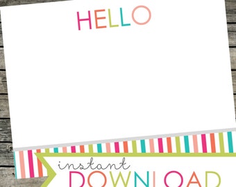 INSTANT DOWNLOAD Printable Hello note card. Printable pdf and jpeg in bright, rainbow pattern. Size A2: 4.25 x 5.5 in. Personal stationery