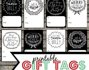 Printable Christmas Gift Tags. Holiday gift tags. Christmas printable. Black and White Christmas. Elegant holiday printable tags and labels
