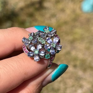 Sterling Silver Tanzanite Ruby Emerald Flower Ring | Large Gemstone Cluster Ring | Size 8.5 Statement Ring