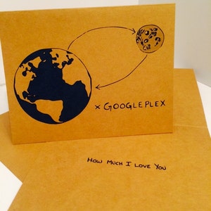 Para a lua e para trás x Googleplex - cartão reciclado desenhado à mão atrevido