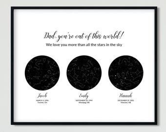 Personalized Fathers Day Gift from Daughter Son 3 Kids Location Night Sky Custom Star Map print or download Family for Dad Birthday