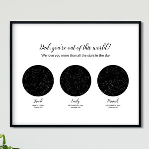 Regalo personalizzato per la festa del papà da figlia figlio 3 bambini Posizione cielo notturno Mappa stellare personalizzata stampa o scarica Famiglia per compleanno papà