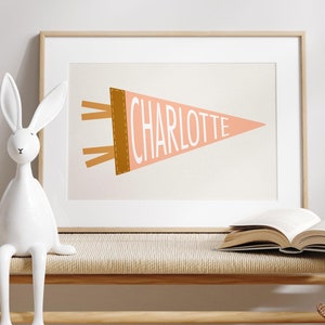 Custom Name Pennant Flag for Girls and Boys shown in peach, Vintage Retro Kids and Baby Nursery Wall Art Digital Print for Play Room