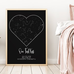 Peut inclure: Impression encadrée en noir et blanc représentant une carte du ciel en forme de cœur. Le texte "Our First Kiss" est en dessous, avec une date et des coordonnées. Le cadre est de couleur bois clair.