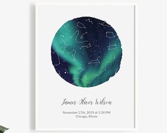 Carte d’étoiles personnalisée Naissance imprimable Aurores boréales Aurores boréales Céleste Nouveau cadeau de bébé Décor de chambre d’enfant Cadeau de Noël pour lui Son ciel nocturne