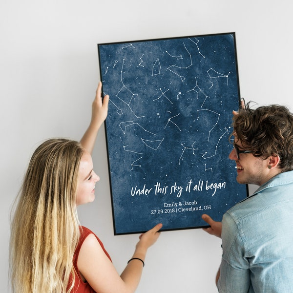 Night Sky Map Personalized Newlywed Gift for Couples, Celestial Christmas Gift for Him Her Star Map Printable Wedding Anniversary