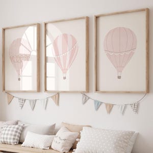 Rosa Heißluftballon-Kinderzimmer-Galerie von 3, Galerie-Wand-Kunst, Vintage-Stil Heißluftballon-Kunstdrucke, Cottagecore-Kinderzimmerdekor für Kleinkinder