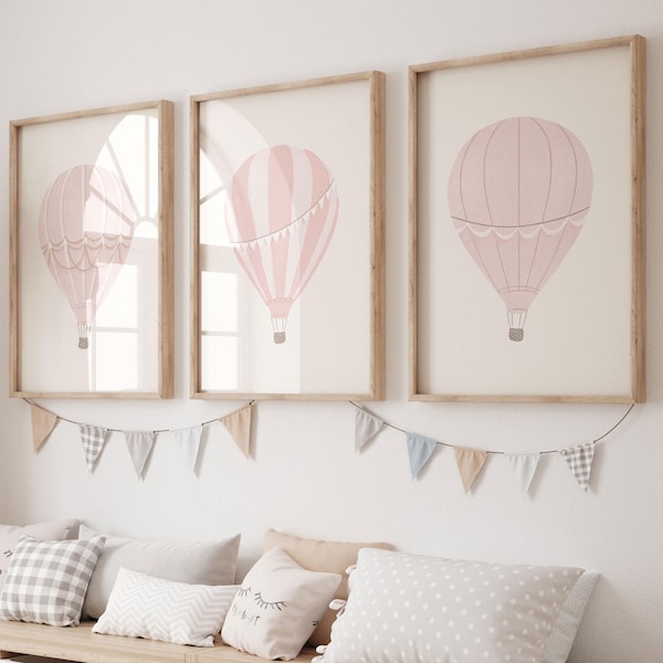 Ensemble rose poudré à imprimé montgolfière : oeuvre d'art murale vintage aquarelle