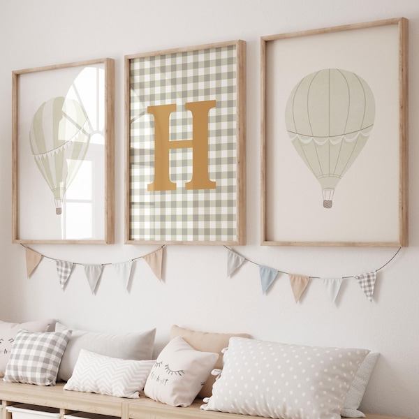 Impressions montgolfières vert sauge, initiales Vichy (téléchargement numérique)