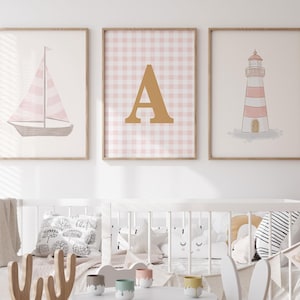 Set of 3 Pink Nautical Nursery Wall Art with Custom Initial Gingham Sailboat Lighthouse Prints, beach coastal toddler girl bedroom decor